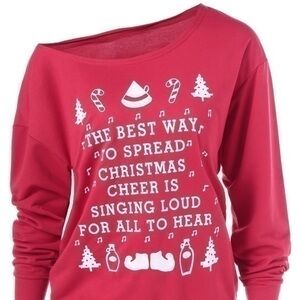 “The Elf” off the shoulder holiday sweatshirt red in medium, gray in large
